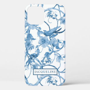 Funda Para iPhone 12 Elegante Chinoiserie floral Aves azules y blancas