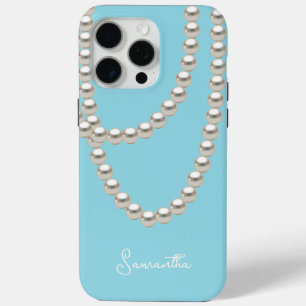 Funda Para iPhone 15 Pro Max Elegante collar de perlas azul claro