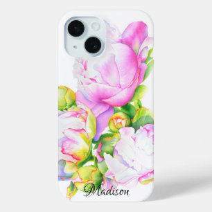 Funda Para iPhone 15 Elegante color de agua floral de peonia blanca ros