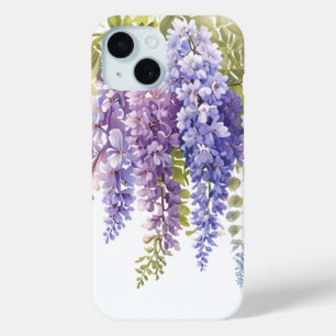 Funda Para iPhone 15 Elegante color de agua morada glicinia floral azul