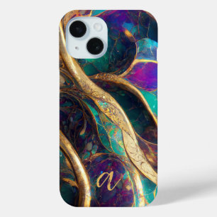 Funda Para iPhone 15 Elegante Color de Pavo Real Mármol Vena Dorada Mon