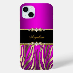 Funda Para iPhone 15 Mini Elegante color rosa magenta cebra dorado negro