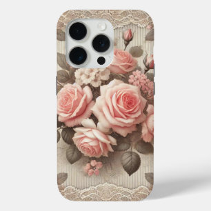 Funda Para iPhone 15 Pro Elegante color rosa rosa rosa de época con encaje
