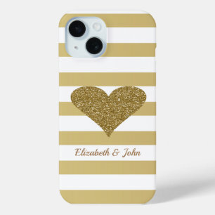 Funda Para iPhone 15 Elegante Corazón Purpurinoso Faux Gold En Rayas