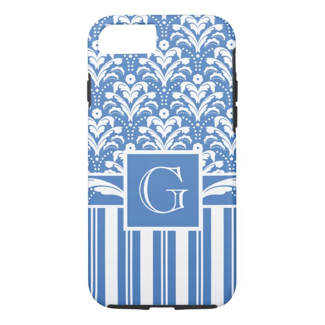 Funda De Case-Mate Para iPhone Elegante Damasco de Art Deco Azul y Blanco (Reverso)