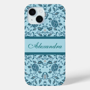 Funda Para iPhone 15 Elegante Damasco Verde azulado de Flores