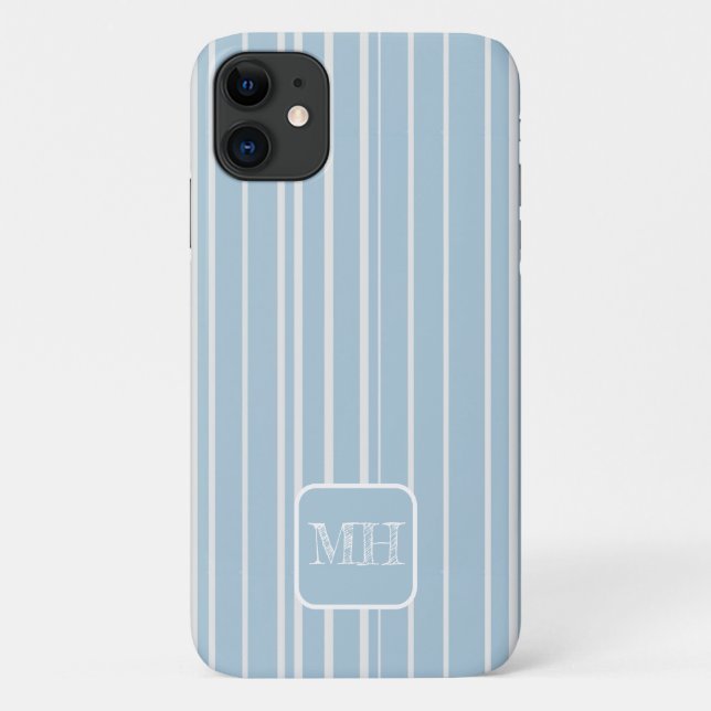 Funda De Case-Mate Para iPhone Elegante de rayas azules monogramadas (Reverso)