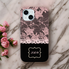 Funda Para iPhone 15 Elegante falso rosa encaje y negro