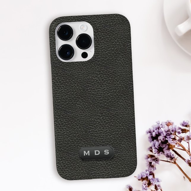 Funda De Case-Mate Para iPhone Elegante Faux Black Leather Look Monogramed (A classic and timeless black faux leather look phone case with space for your initials)