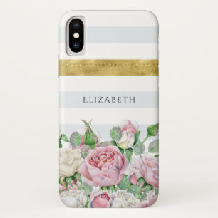 Funda Para iPhone X Elegante FAUX Gold Stripe con rosas rosadas y nomb