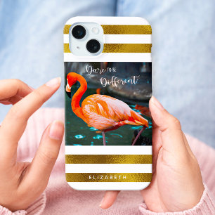 Funda Para iPhone 15 Mini Elegante Flamingo Photo Gold Stripes Dare Cita