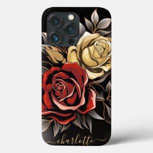 Funda Para iPhone 13 Pro Elegante Flor de Rosa Roja Oro Negro