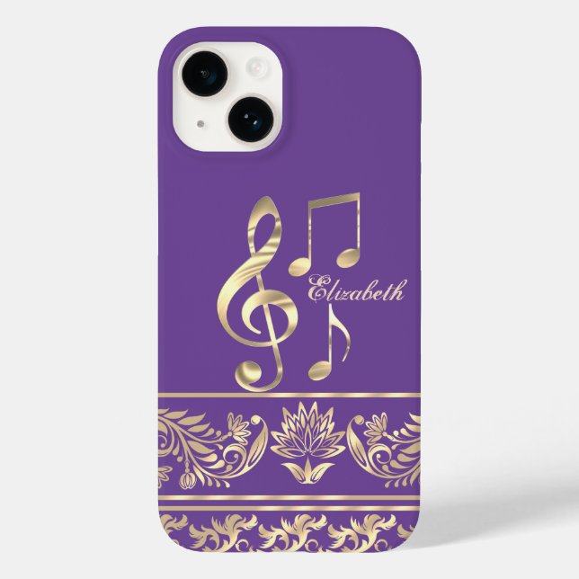 Funda De Case-Mate Para iPhone Elegante Floral dorada,Clave violín,Nota púrpura (Reverso )