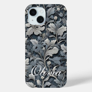 Funda Para iPhone 15 Elegante floral gris blanco plateado azul polvorie