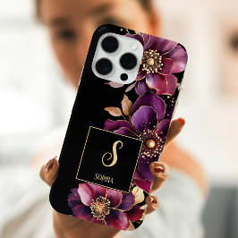 Funda Para iPhone 15 Pro Max Elegante Floral Monogramado Negro