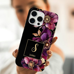 Funda Para iPhone 15 Pro Max Elegante Floral Monogramado Negro