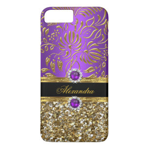 Funda Para iPhone 8 Plus/7 Plus Elegante Floral Púrpura Dorado Damask Brillo