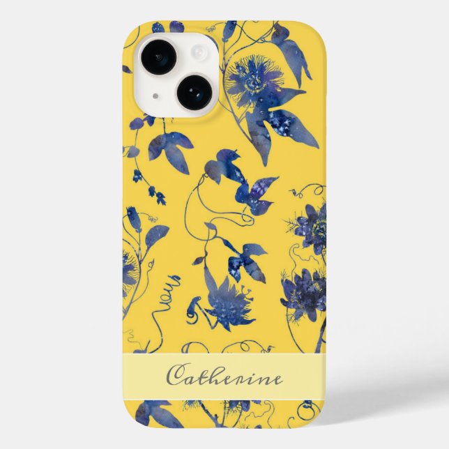 Funda De Case-Mate Para iPhone Elegante Flores Azules Mostaza Floral Amarilla (Reverso )