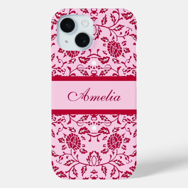 Funda De Case-Mate Para iPhone Elegante florido Damasco rosa y Rojo (Reverso )