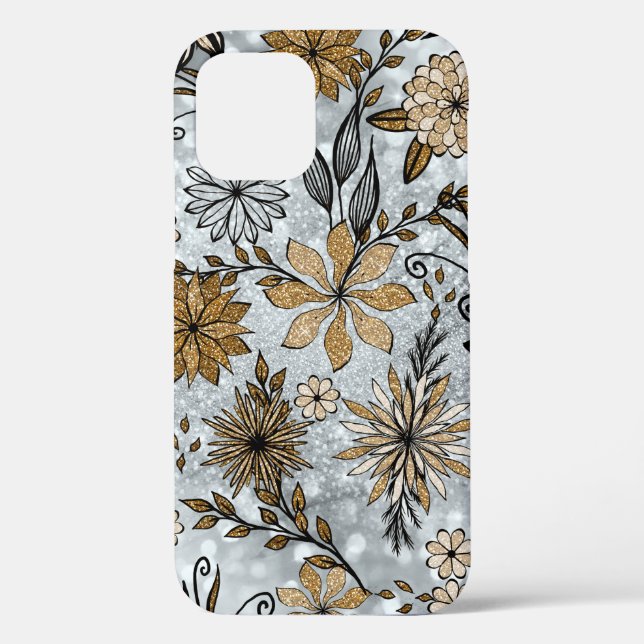 Funda De Case-Mate Para iPhone Elegante Girly Gold & Silver Purpurina Diseño Flor (Reverso )
