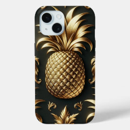 Funda Para iPhone 15 Elegante Glam Negro y Dorado Piña Tropical