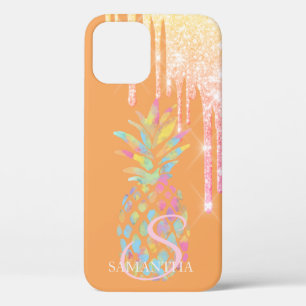 Funda Para iPhone 12 Elegante Glitter de Oro Rosa Gotea Piña Naranja