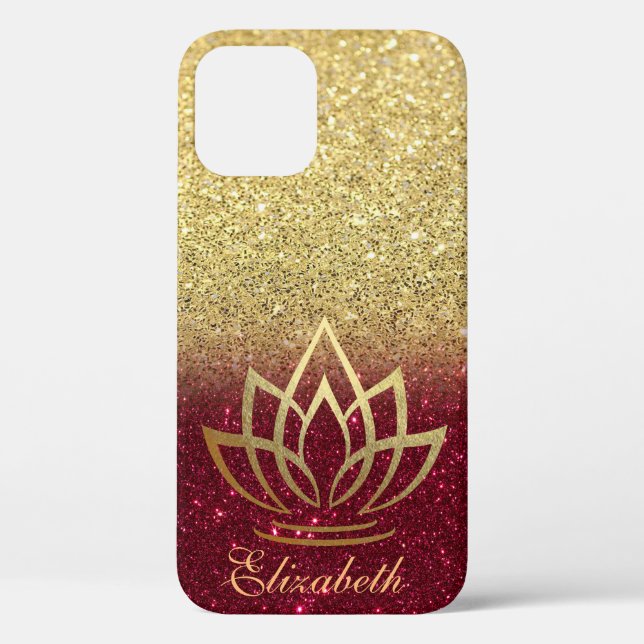 Funda De Case-Mate Para iPhone Elegante Glitter Dorado Loto Rojo (Reverso )