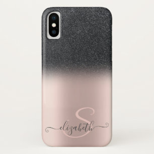 Funda Para iPhone X Elegante Glitter Negro Ombre Rosa Dorado Monograma