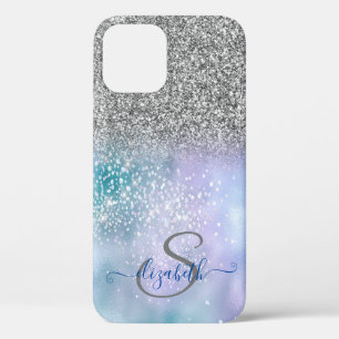 Funda Para iPhone 12 Elegante Glitter Ombre Plateado, Monograma de Diam