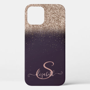Funda Para iPhone 12 Elegante Glitter Ombre Rosa Dorado, Monograma