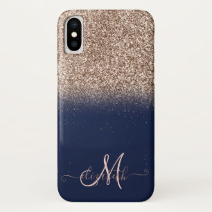 Funda Para iPhone X Elegante Glitter Ombre Rosa Dorado Monograma Azul