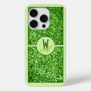 Funda Para iPhone 15 Pro Elegante Glitter Verde Monogramado 