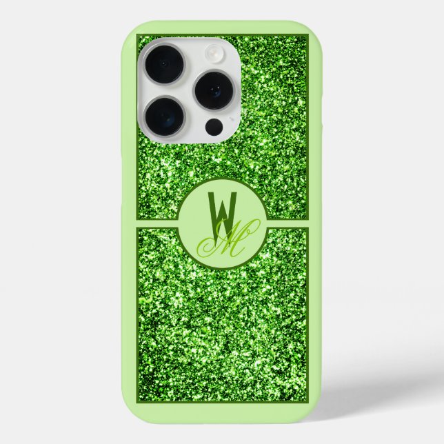 Funda De Case-Mate Para iPhone Elegante Glitter Verde Monogramado  (Reverso )