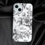 Funda Para iPhone 15 Mini Elegante grabado B&W Floral con nombre o monograma<br><div class="desc">Este elegante y único diseño presenta un estilo clásico vintage con flores,  viñas y hojas delicadamente grabadas en color negro sobre fondo blanco con la etiqueta ovalada personalizado para su nombre o monograma.</div>