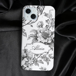 Funda Para iPhone 15 Mini Elegante grabado B&W Floral con nombre o monograma