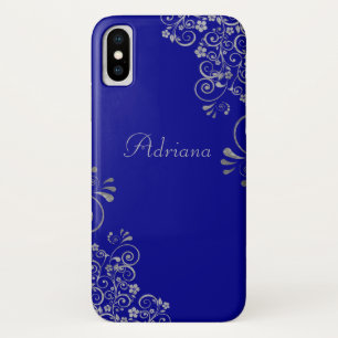 Funda Para iPhone X Elegante guión Personalizado de Swirls Blue Silve