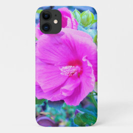 Funda Para iPhone 11 Elegante Hibiscus rosa con oliage azul ondulado