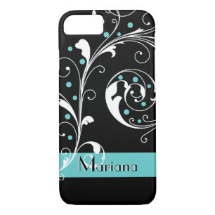 Funda Para iPhone 8/7 Elegante hoja de pergamino floral negro, agua flor