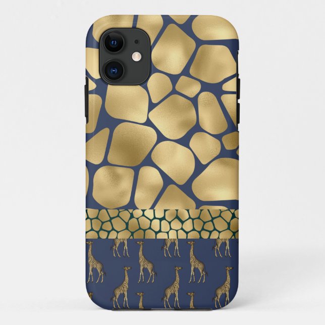 Funda De Case-Mate Para iPhone Elegante Impresión Animal Giraffe Glam Azul Oro (Reverso)