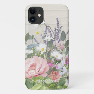 Funda Para iPhone 11 Elegante Lavanda Peónica Floral Rústica Madera