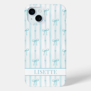 Funda Para iPhone 15 Mini Elegante lazos de coqueta rayados Aqua Monogramado