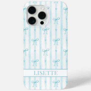 Funda Para iPhone 15 Pro Max Elegante lazos de coqueta rayados en aqua monogram
