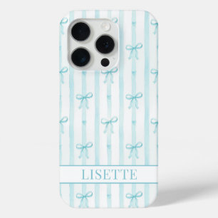 Funda Para iPhone 15 Pro Elegante lazos de coqueta rayados en aqua monogram