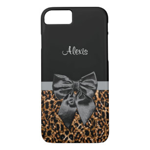 Funda Para iPhone 8/7 Elegante Leopard Print Classy Black Bow con nombre