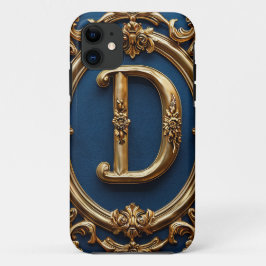Funda Para iPhone 11 Elegante letra D dorada sobre fondo azul ornamenta