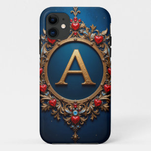 Funda Para iPhone 11 Elegante letra dorada A rodeada de corazones