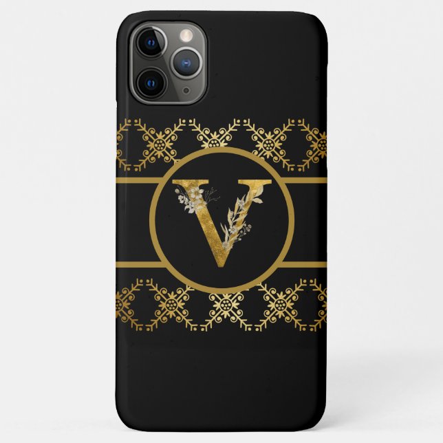 Funda De Case-Mate Para iPhone Elegante letra monograma negro y dorado "V" (Reverso)