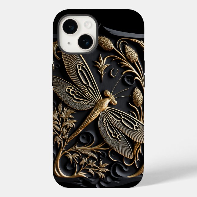 Funda De Case-Mate Para iPhone Elegante libélula dorada en filigrí de bronce (Reverso )