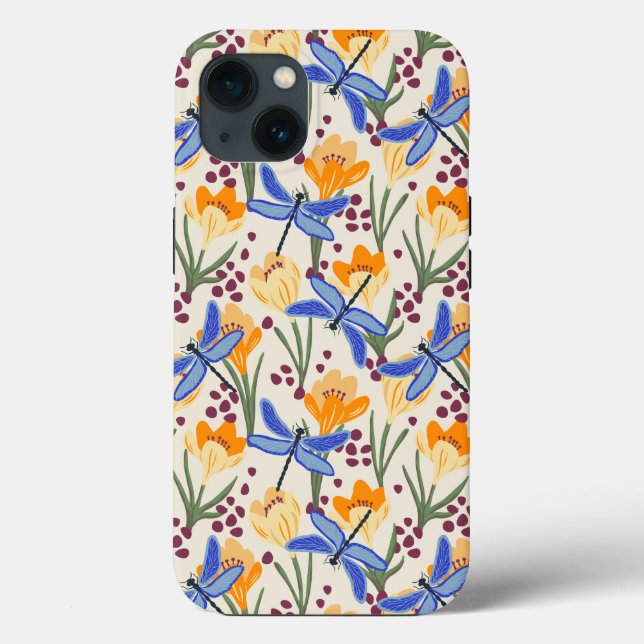 Funda De Case-Mate Para iPhone Elegante libélula y crocus floral Pattern (Reverso )