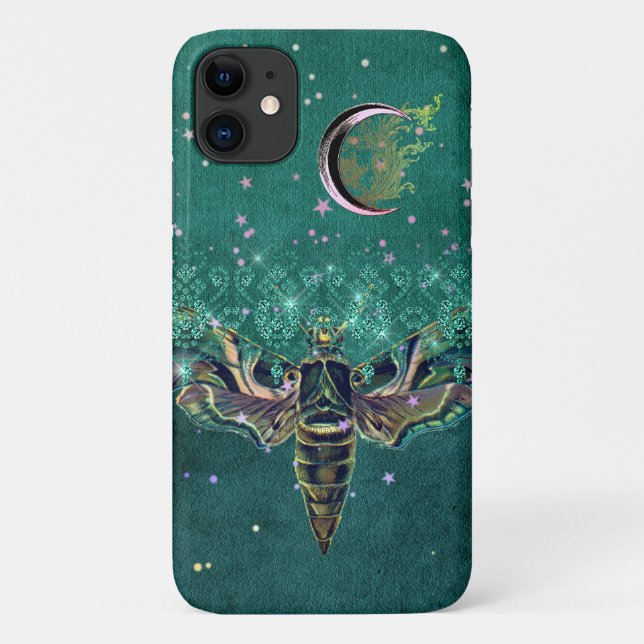 Funda De Case-Mate Para iPhone Elegante luna de polilla luna noche esmeralda verd (Reverso)